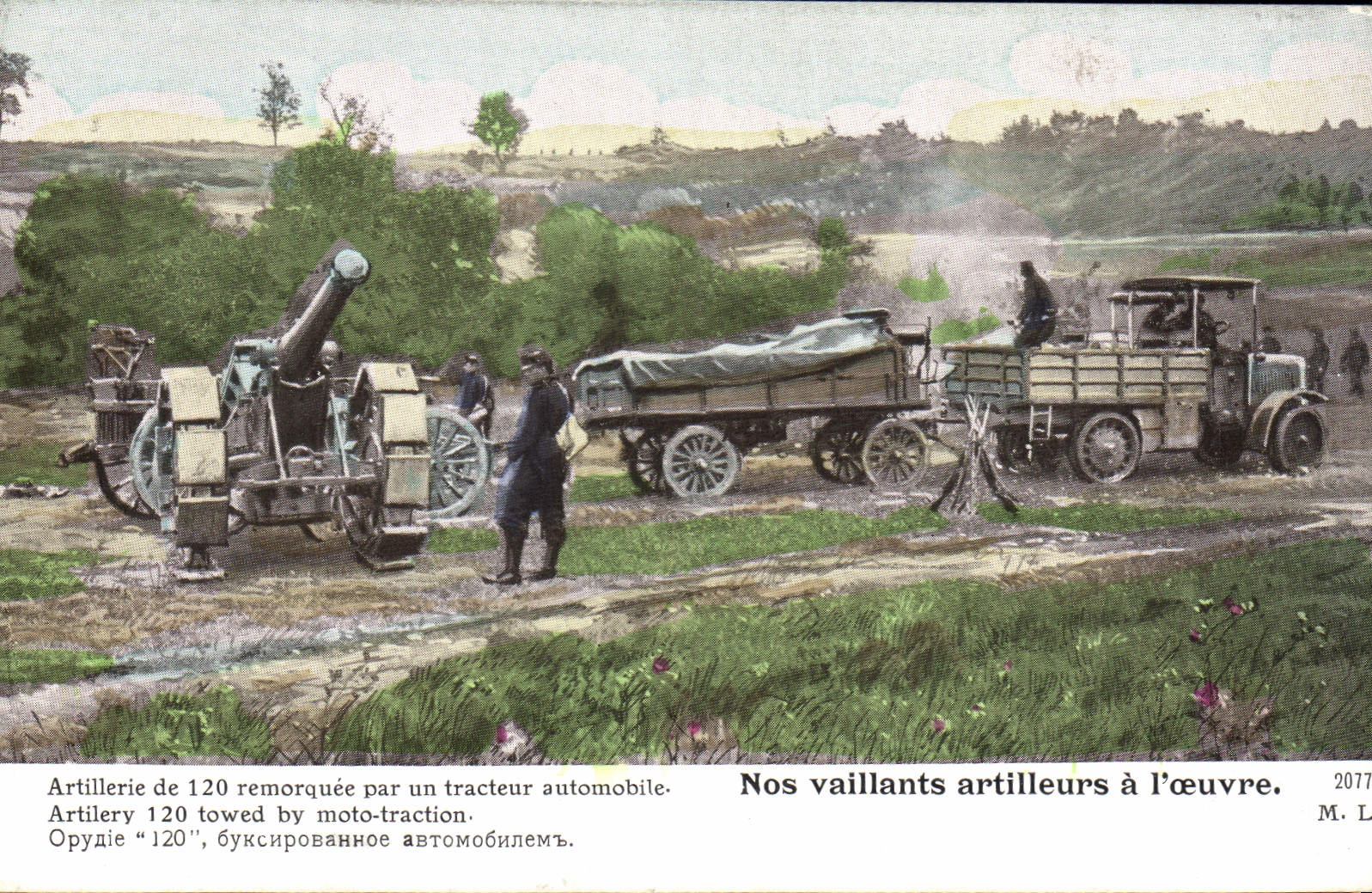 CPA Militaria Artillerie de 120 remorquee par un tracteur automobile 