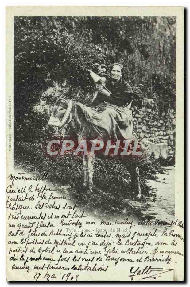 CPA Folklore Type basque Retour du marche Ane Mule 