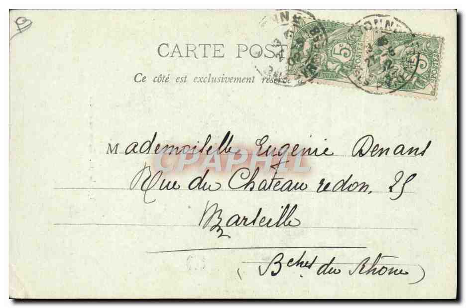 CPA Folklore Type basque Retour du marche Ane Mule  — Verso