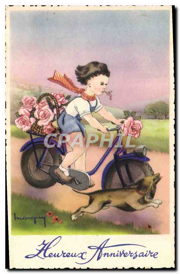 CPA Fantaisie Illustrateur Enfant chien Velo Cycle 