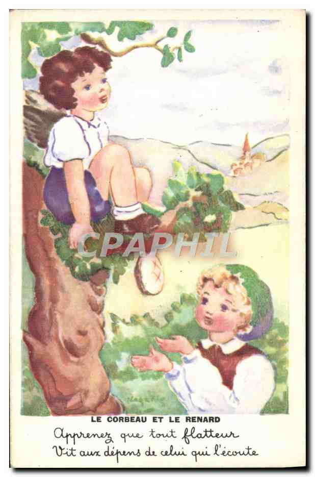 CPA Fantaisie Illustrateur Enfants Le corbeau et le renard