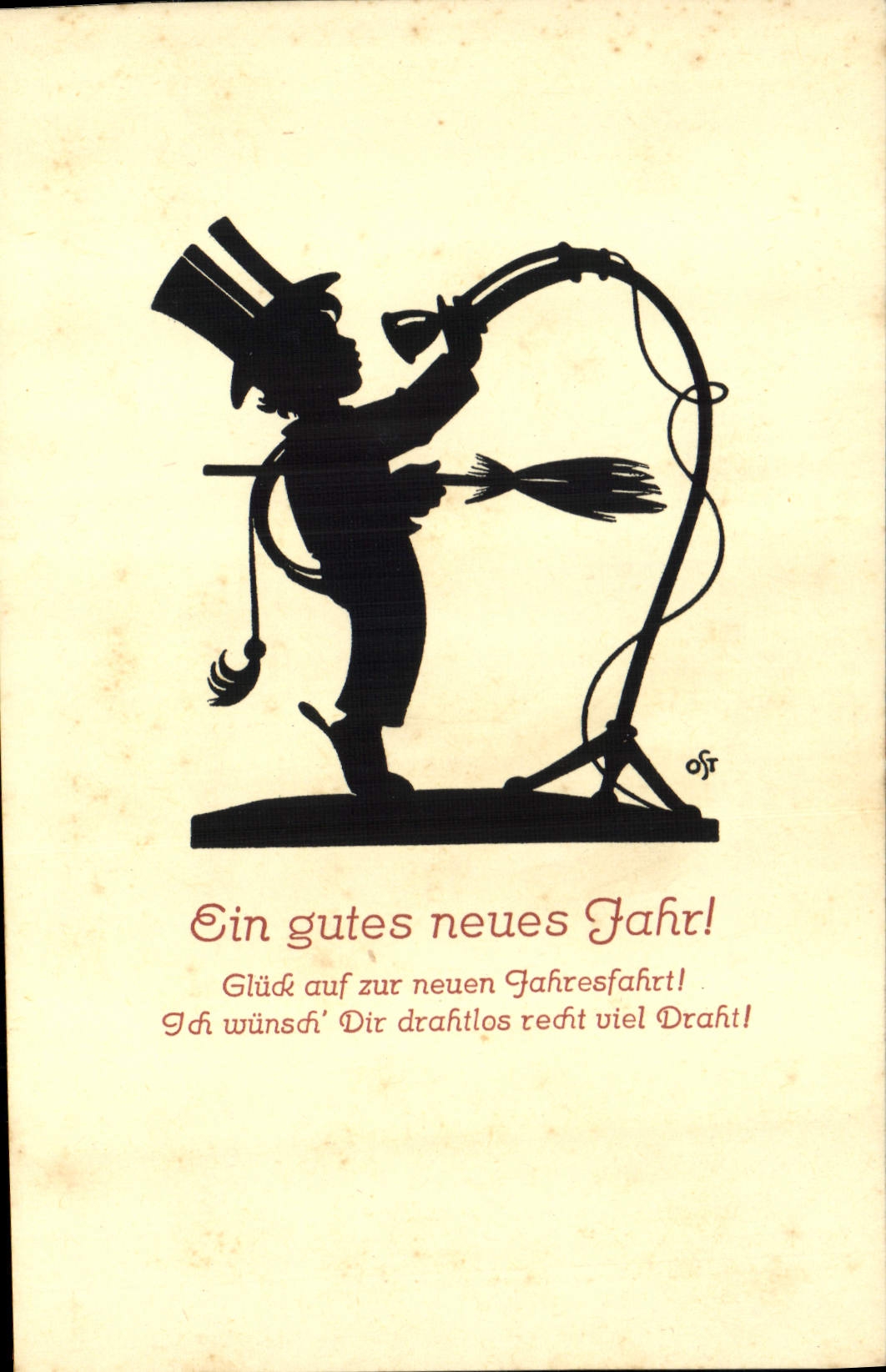 Silhouette d'un homme en haut-de-forme jouant d'un instrument — Verlag August Gunkel, Düsseldorf