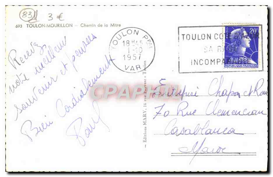 Vue de la côte à Toulon — Éditeur MARY — N° de série 693 — Verso