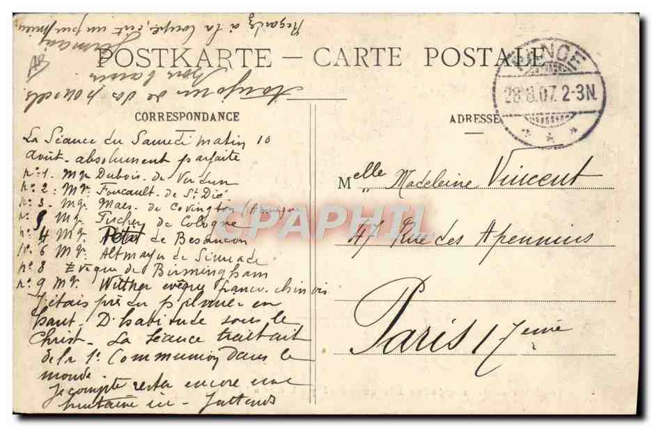 Scène du Congrès Eucharistique à Cologne — présidée par le Cardinal Fischer, Archevêque de Cologne — édition Germain, n°2 — Verso