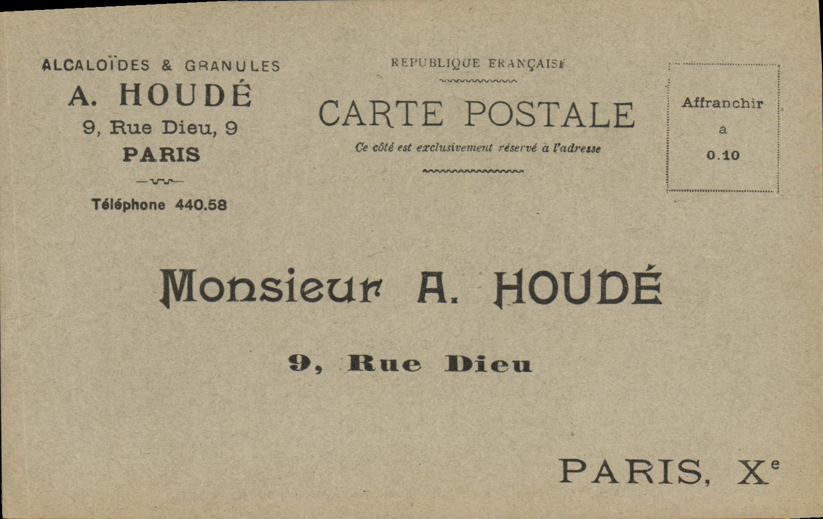 Carte postale commerciale — A. Houdé, Paris — éditeur A. Houdé, n° de série non visible