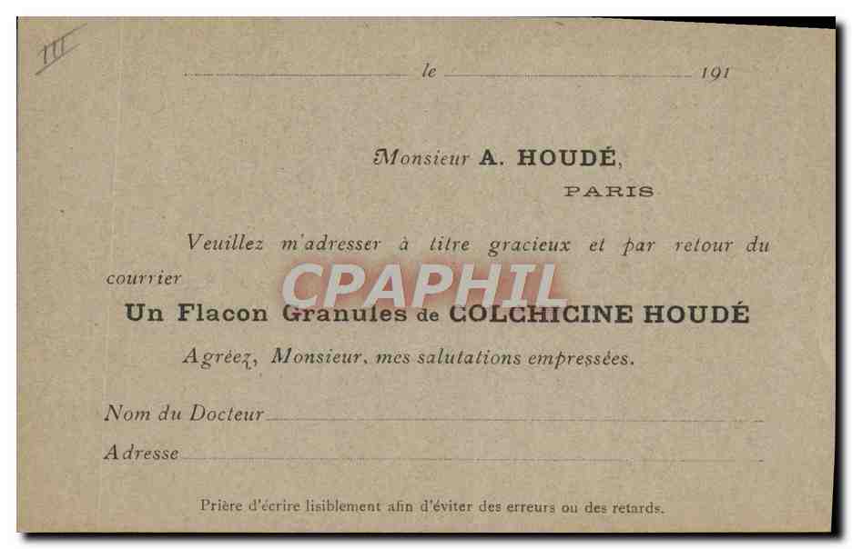 Carte postale commerciale — A. Houdé, Paris — éditeur A. Houdé, n° de série non visible — Rückseite