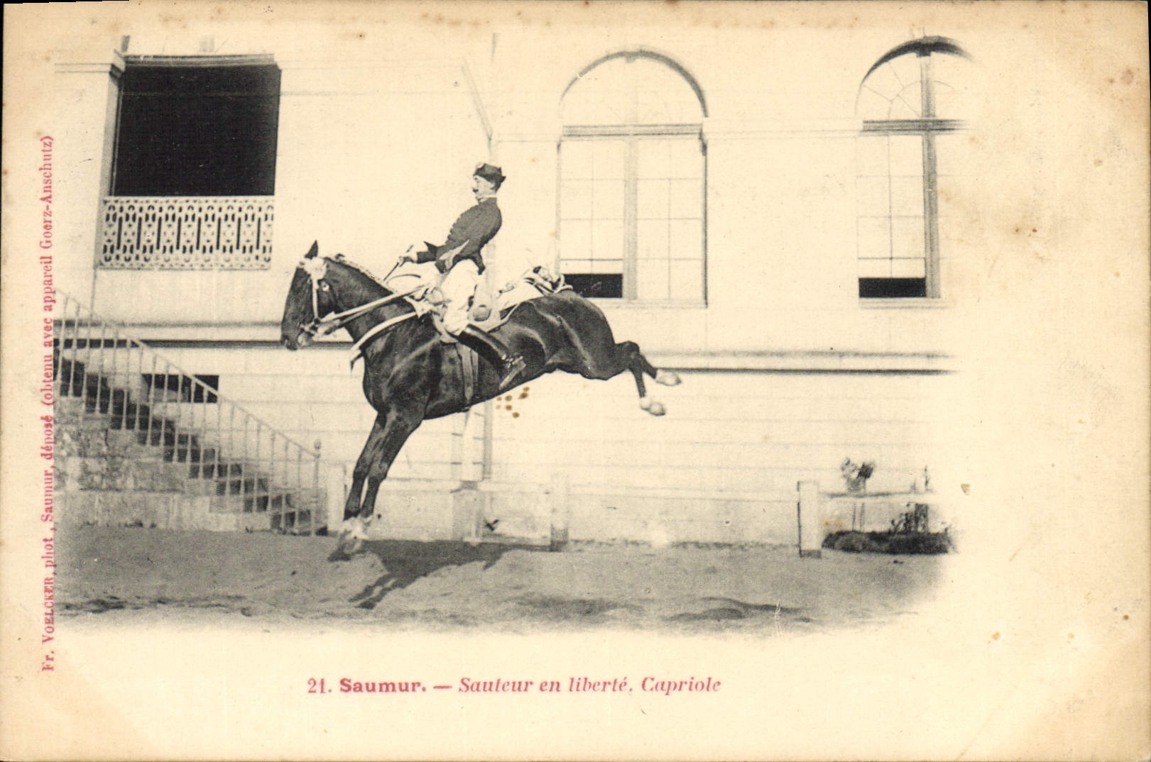 Saumur — Sauteur en liberté, Capriole — Fr. Vozzecch, phot. Saumur, déposé (obtenu avec appareil Goertz-Anschutz)
