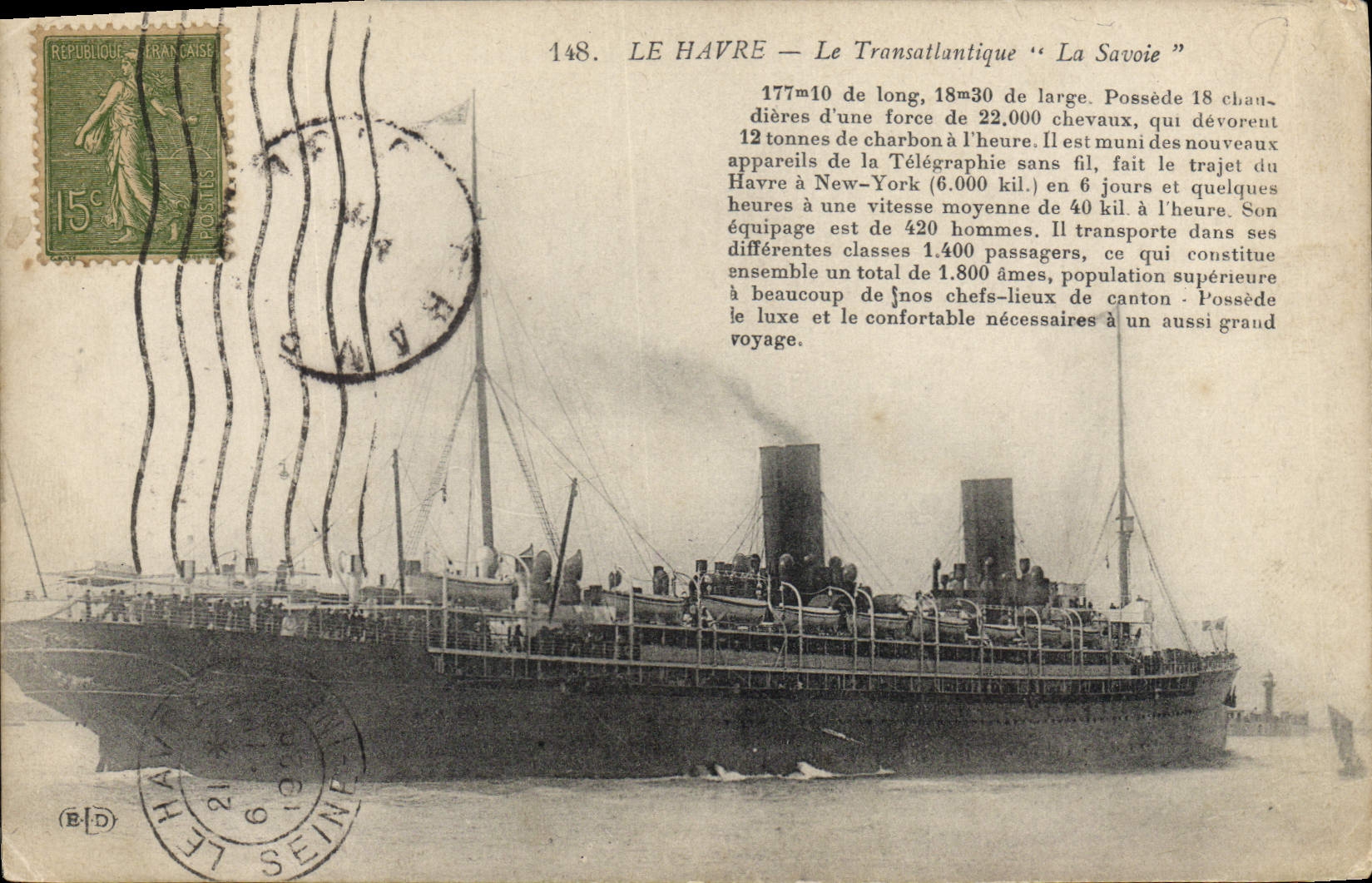Le Havre — Le Transatlantique "La Savoie" — Éditeur non identifié, n° de série 148
