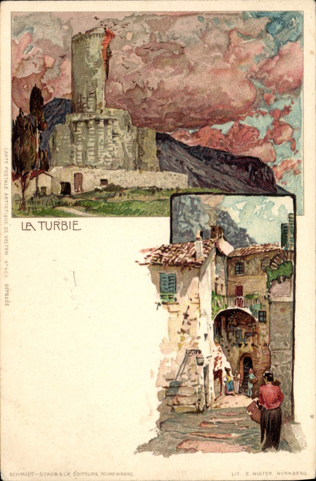 La Turbie — vue du château et de la rue — Schmidt & Cie, Nuremberg, n°469
