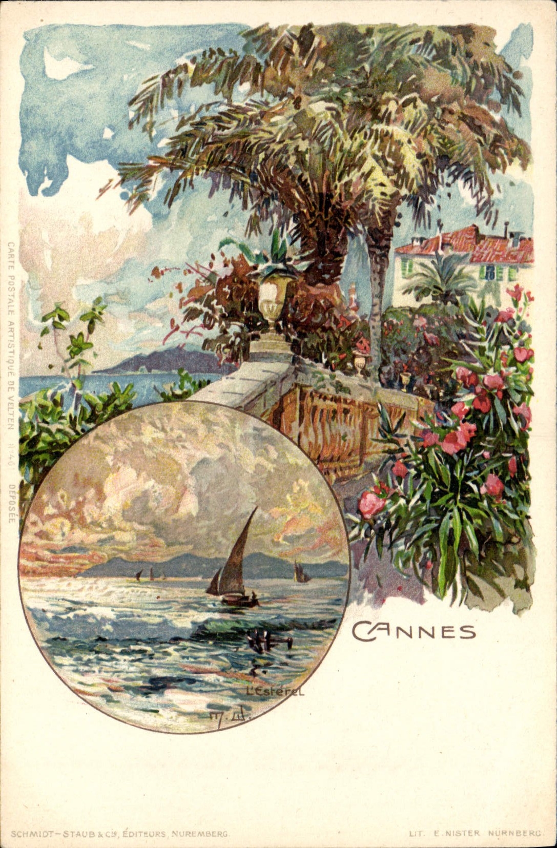 Cannes — vue de la côte avec palmier et bateau — Schmidt-Staub & Cie, Nuremberg - Recto