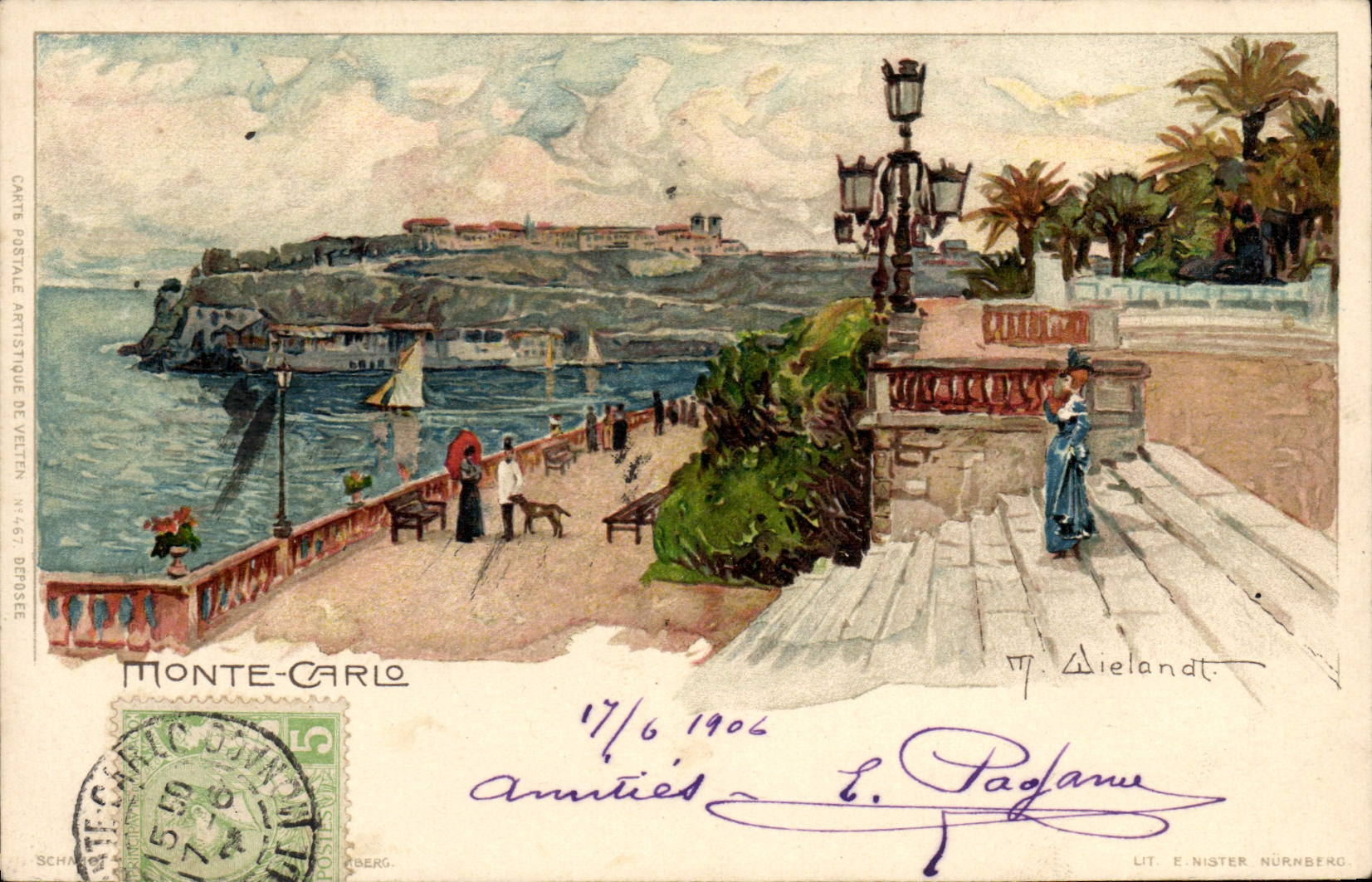 Monte-Carlo — vue du port et promenade — Carte Postale Artistique de Veltten, n° 467
