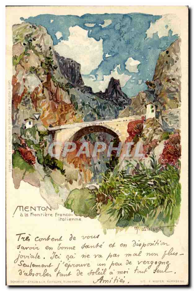 Menton à la Frontière Franco-Italienne — illustration de paysage avec pont — éditeur Schmidt & Cie, Nuremberg