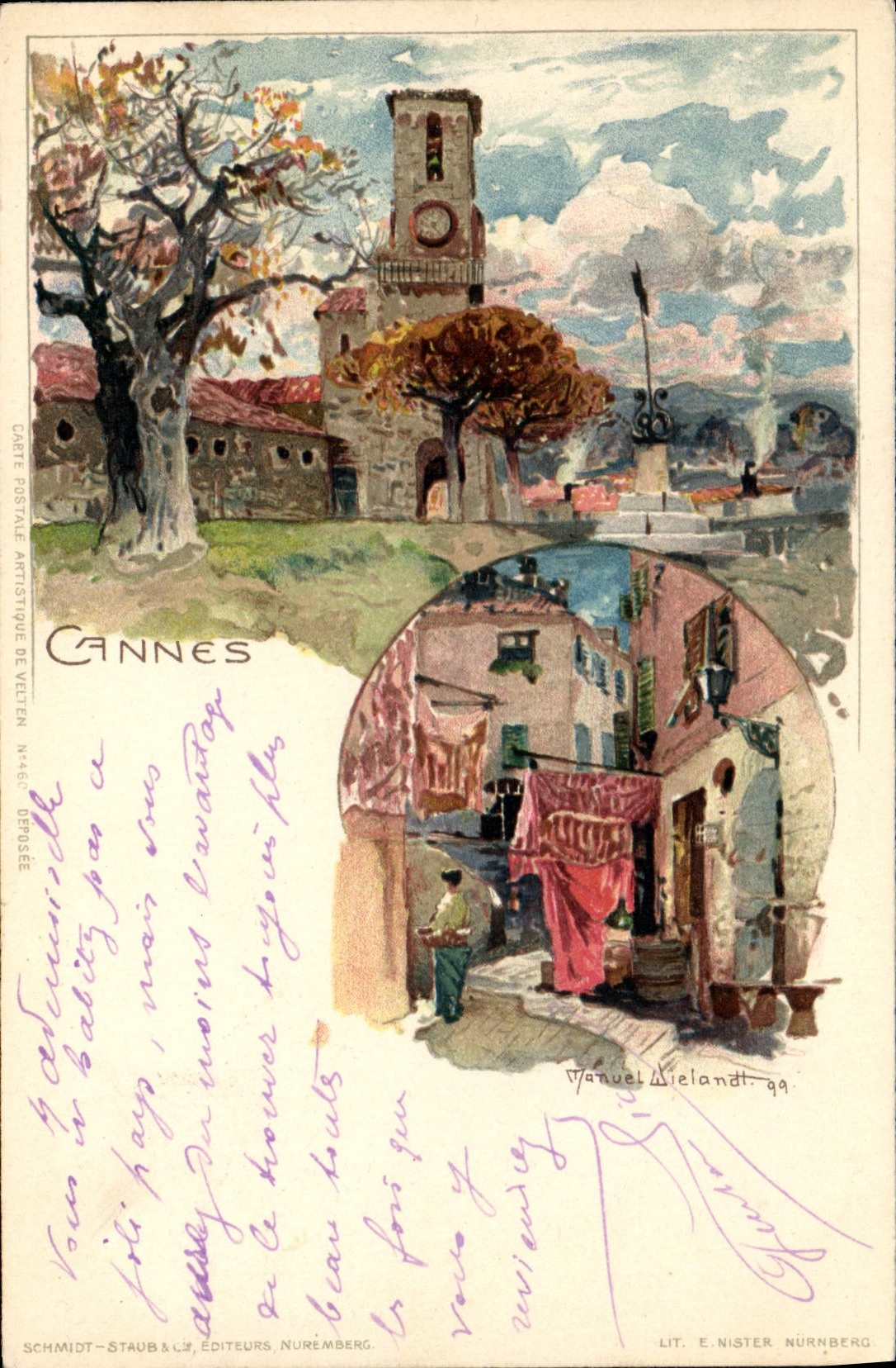 Cannes — vue de la ville avec église et rue — Schmidt-Staub & Cie, Nuremberg, n°466 - Recto