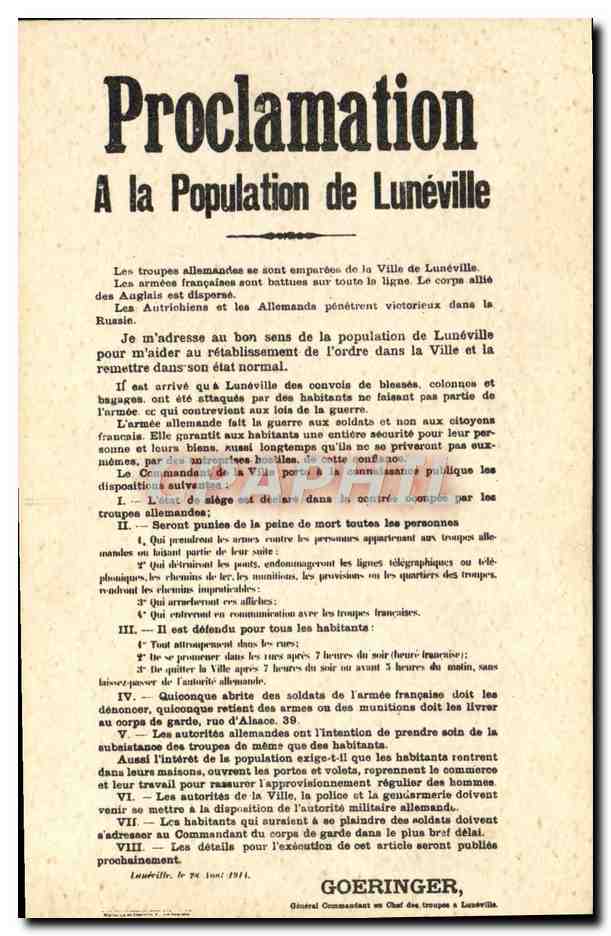 Proclama alla Popolazione di Lunéville — edito da GOERINGER, Generale Comandante in Capo delle truppe a Lunéville