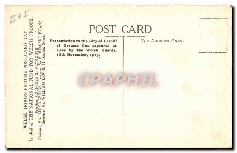 Presentación de un cañón alemán en Cardiff — por los Welsh Guards — 18 de noviembre de 1918 — Reverso