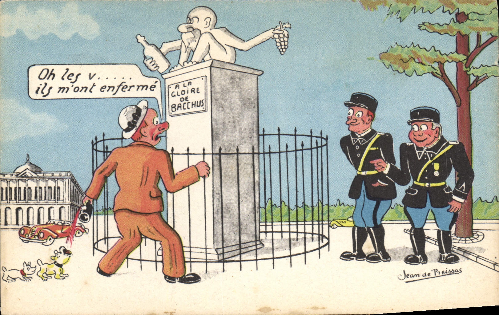 CPA Fantaisie Illustrateur a la gloire de Bacchus Police Gendarme Jean de Preissac Chien
