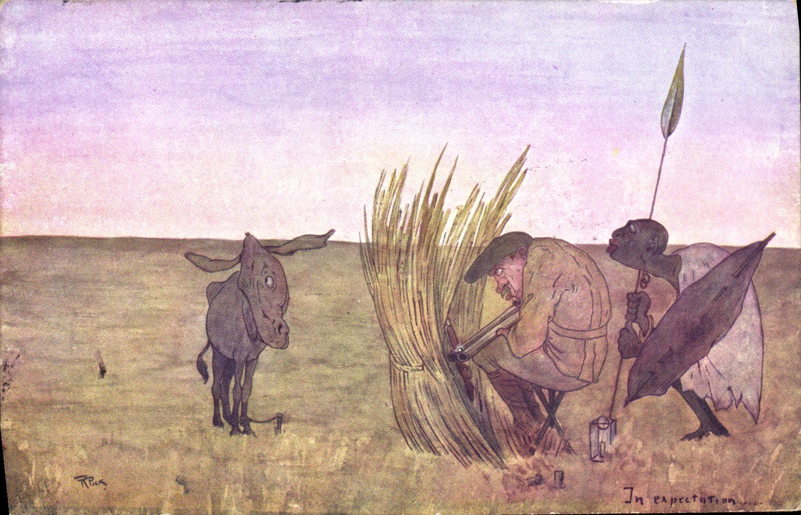 CPA Fantaisie Illustrateur Afrique Ane Mule Chasse Chasseur