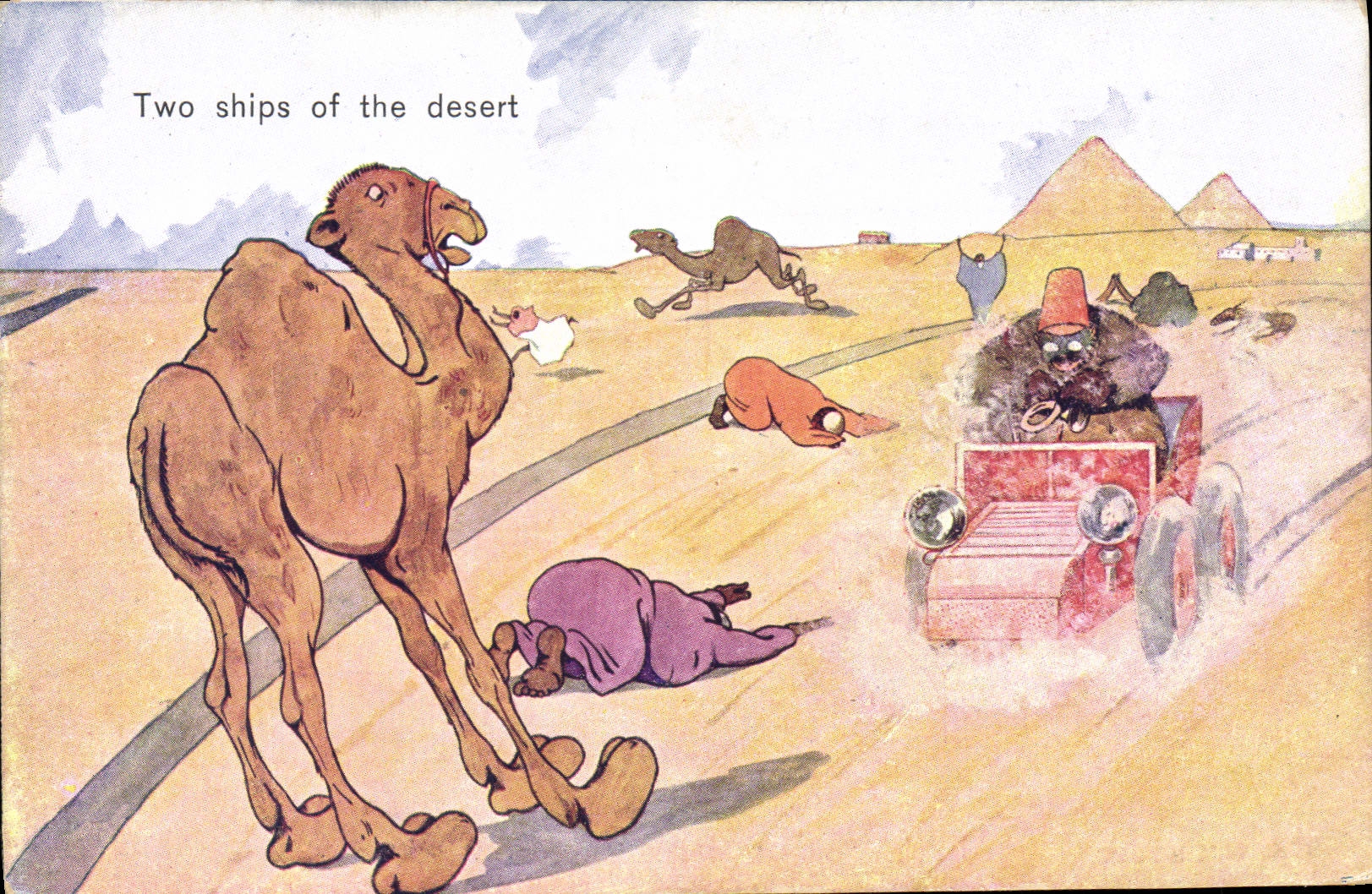 CPA Fantaisie Illustrateur Egypt Egypte Pyramid Two ships of the desert Chameau Automobile