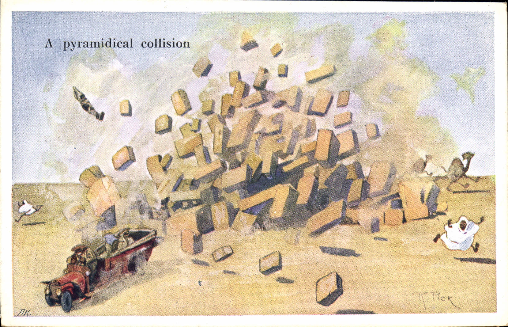 CPA Fantaisie Illustrateur Egypt Egypte A pyramidical collision Automobile Pyramide 