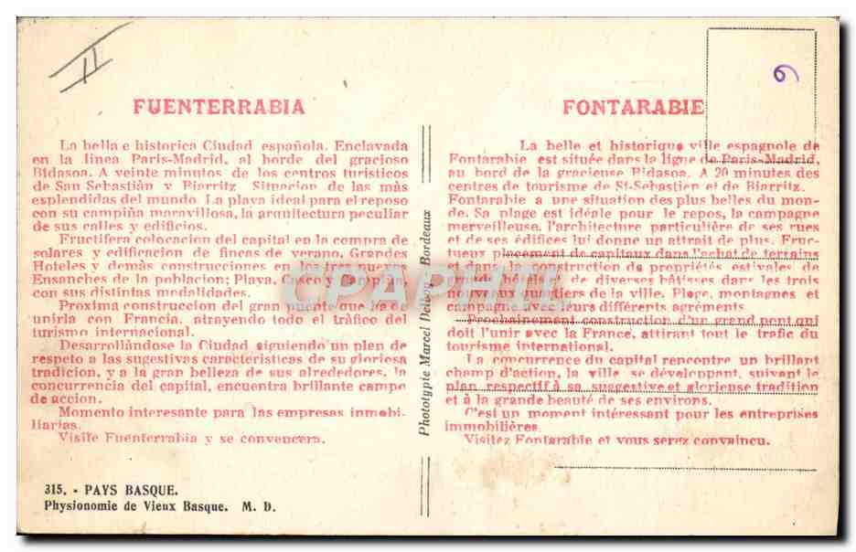 CPA Folklore Fuenterrabia Pays basque Physionomie de vieux basque  — Verso