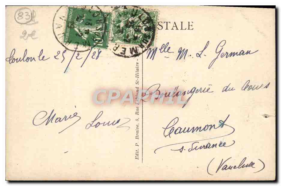Toulon - Monument de la Fédération — éditeur Ed. P. Braive, n° 112 — Verso
