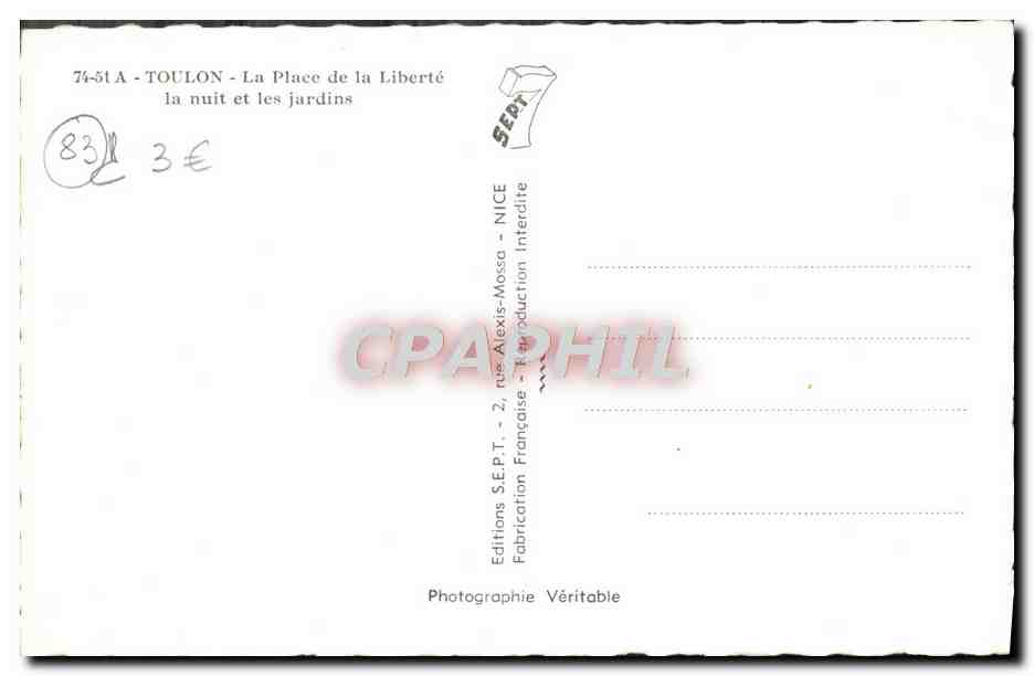 Place de la Liberté — Nuit et les jardins — Editions S.E.P.T. - 2, rue Alexis-Mosca - Nice — Verso