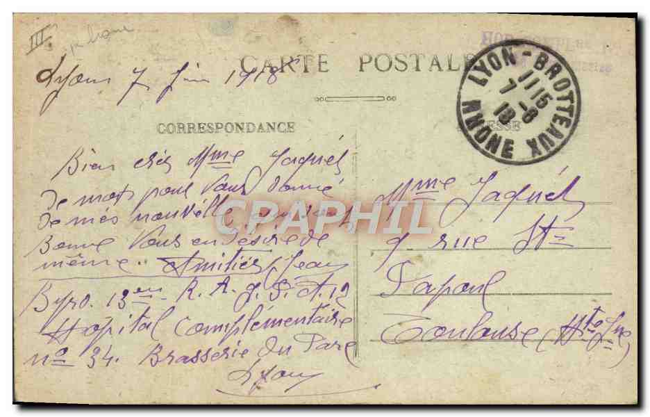 CPA Lyon Brotteaux Le nouveau lycee Hopital Temporaire n°45 — Rückseite