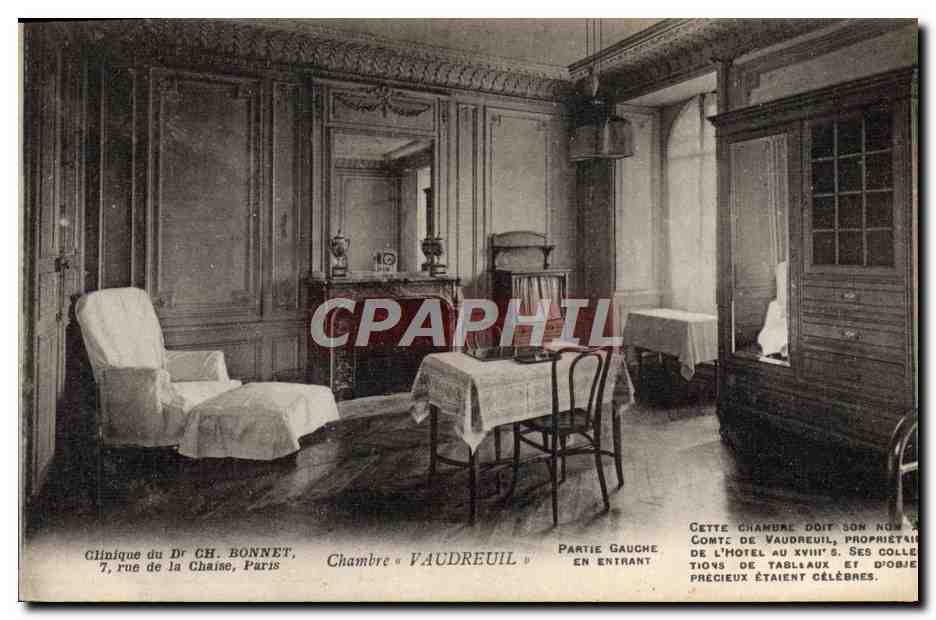 Chambre « Vaudreuil » — Clinique du Dr CH. Bonnet, 7 rue de la Chaise, Paris — Éditeur : Leyn Fils et Cie, Paris