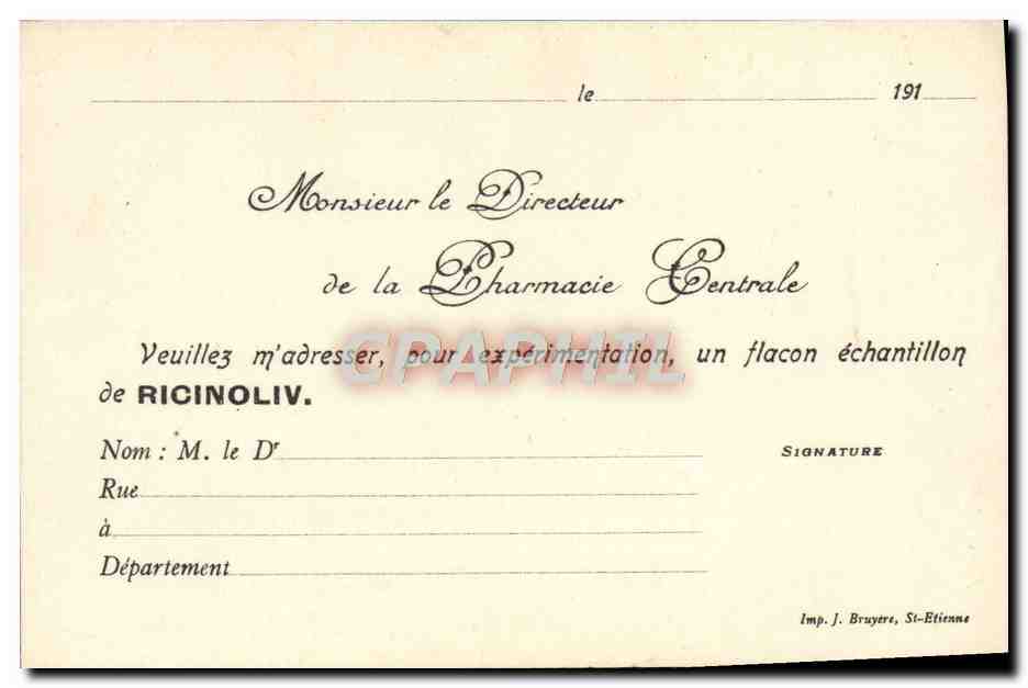 Carte postale demandant un échantillon de ricinoliv — Imp. J. Bruyère, St-Etienne