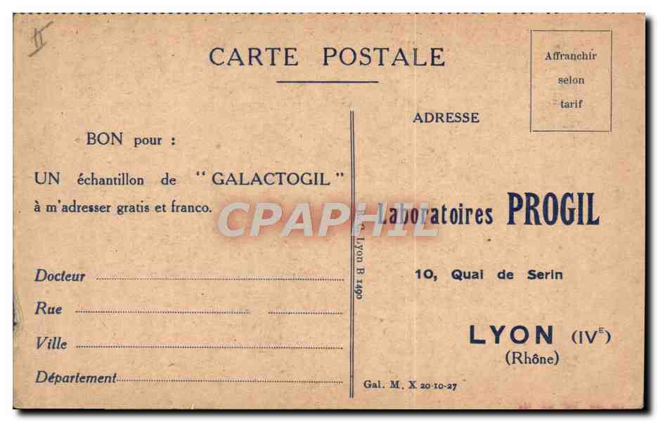 Carte postale Galactogil Laboratoires Progil Quai de Serin Lyon  — Rückseite