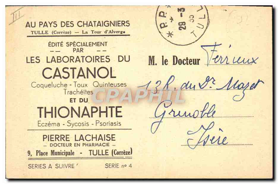 CPA Au pays des Chataigniers Laboratoires du Castanol Thionaphte Pierre Lachaise Place municipale Tulle Correze — Rückseite