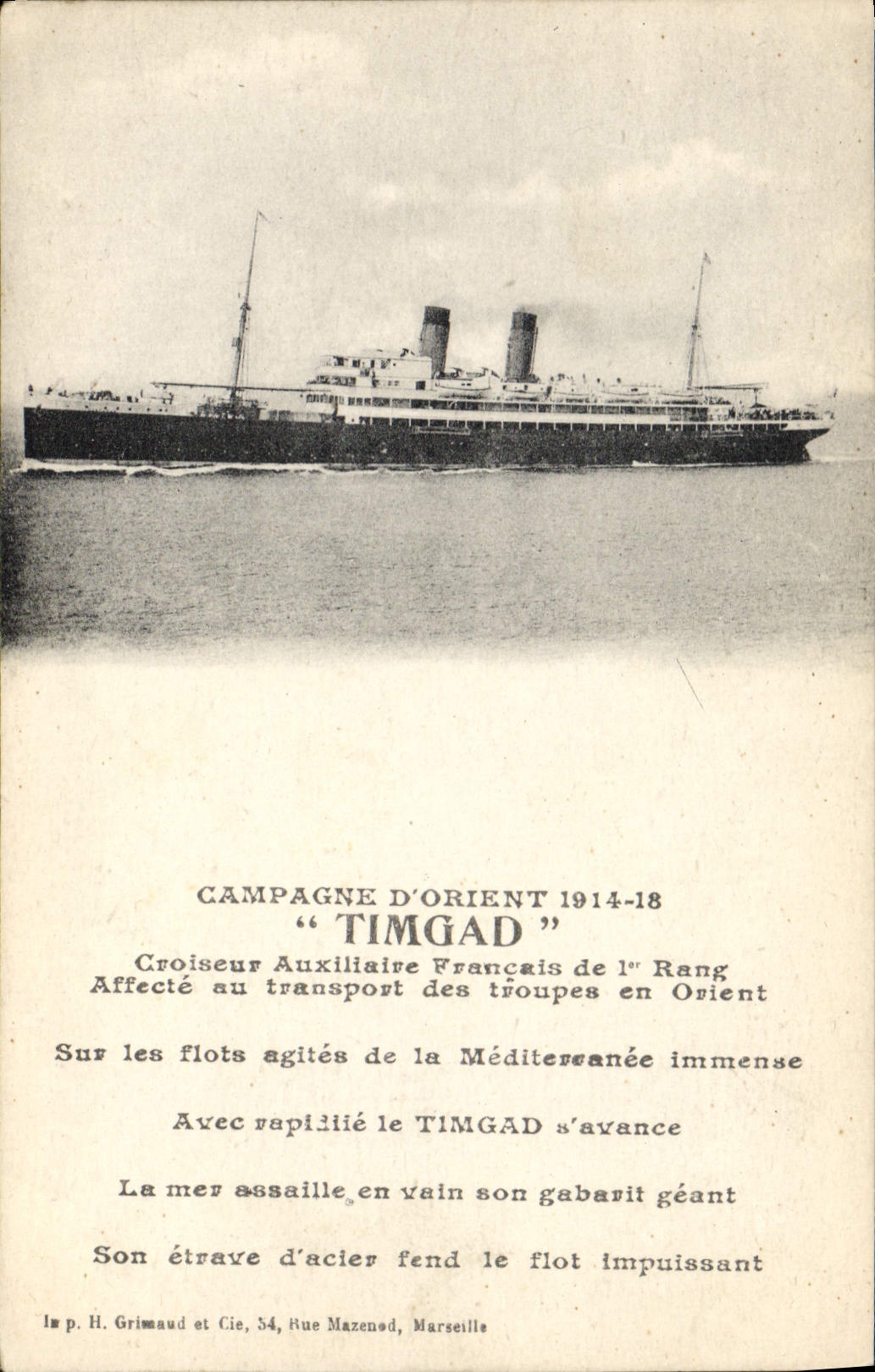 Croiseur auxiliaire "TimGad" — Campagne d'Orient 1914-18 — Imp. H. Grimaud, Marseille