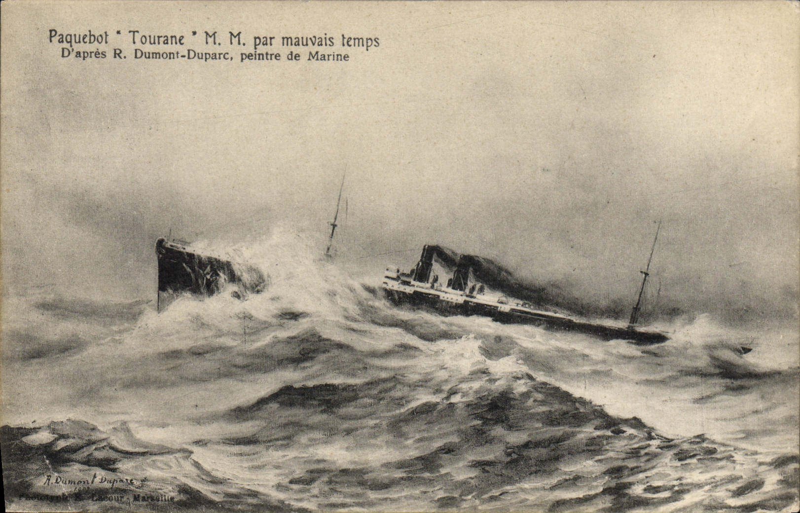 Paquebot "Tourane" M. M. par mauvais temps — D'après R. Dumont-Duparc, peintre de Marine — A. Dumont-Duparc, Lecour, Marveille