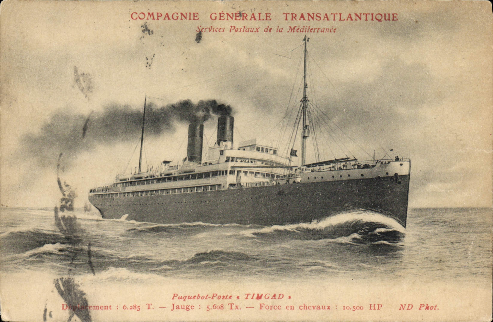 Paquebot TIMGAD — Compagnie Générale Transatlantique — Services Postaux de la Méditerranée