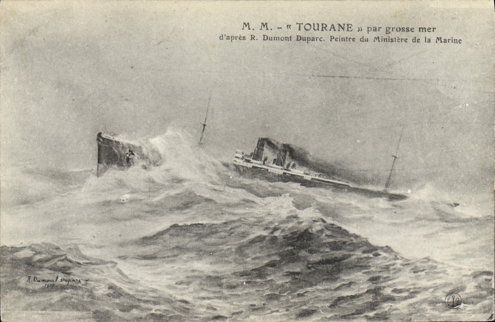 El crucero « Tourane » en mar grueso — reproducción de R. Dumont Duparc, pintor del Ministerio de Marina — 1909