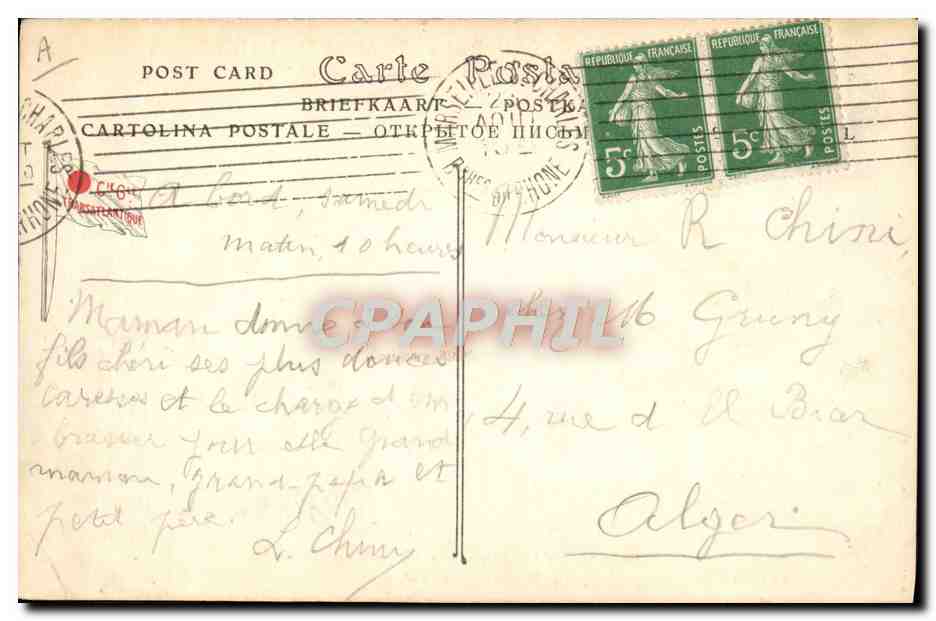 Paquebot-poste TIMGAD — Compagnie Générale Transatlantique — Services Postaux de la Méditerranée — Reverso