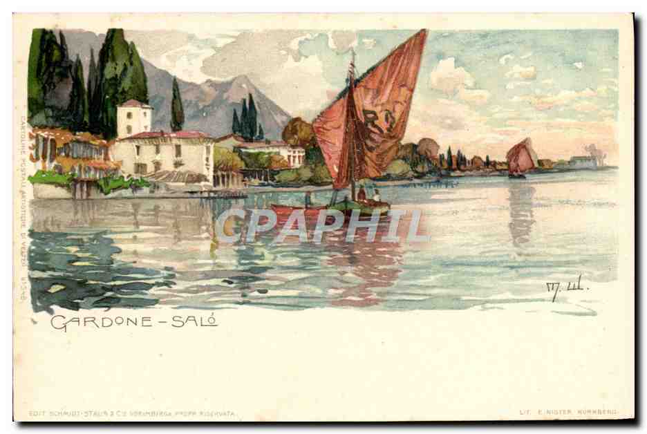 CPA Italie Illustrateur Gardone Salo Bateau
