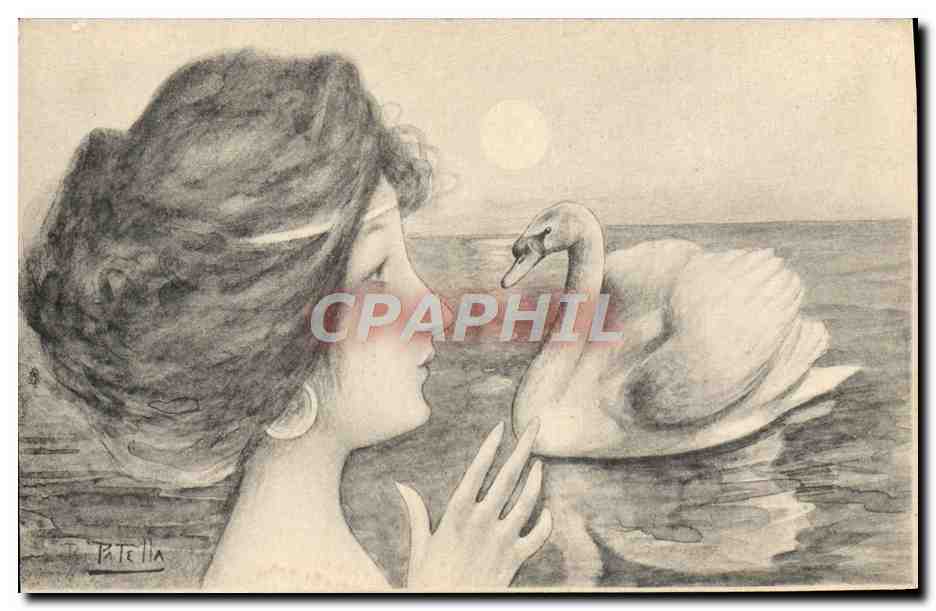 Jeune femme et cygne — dessin au crayon — Patella