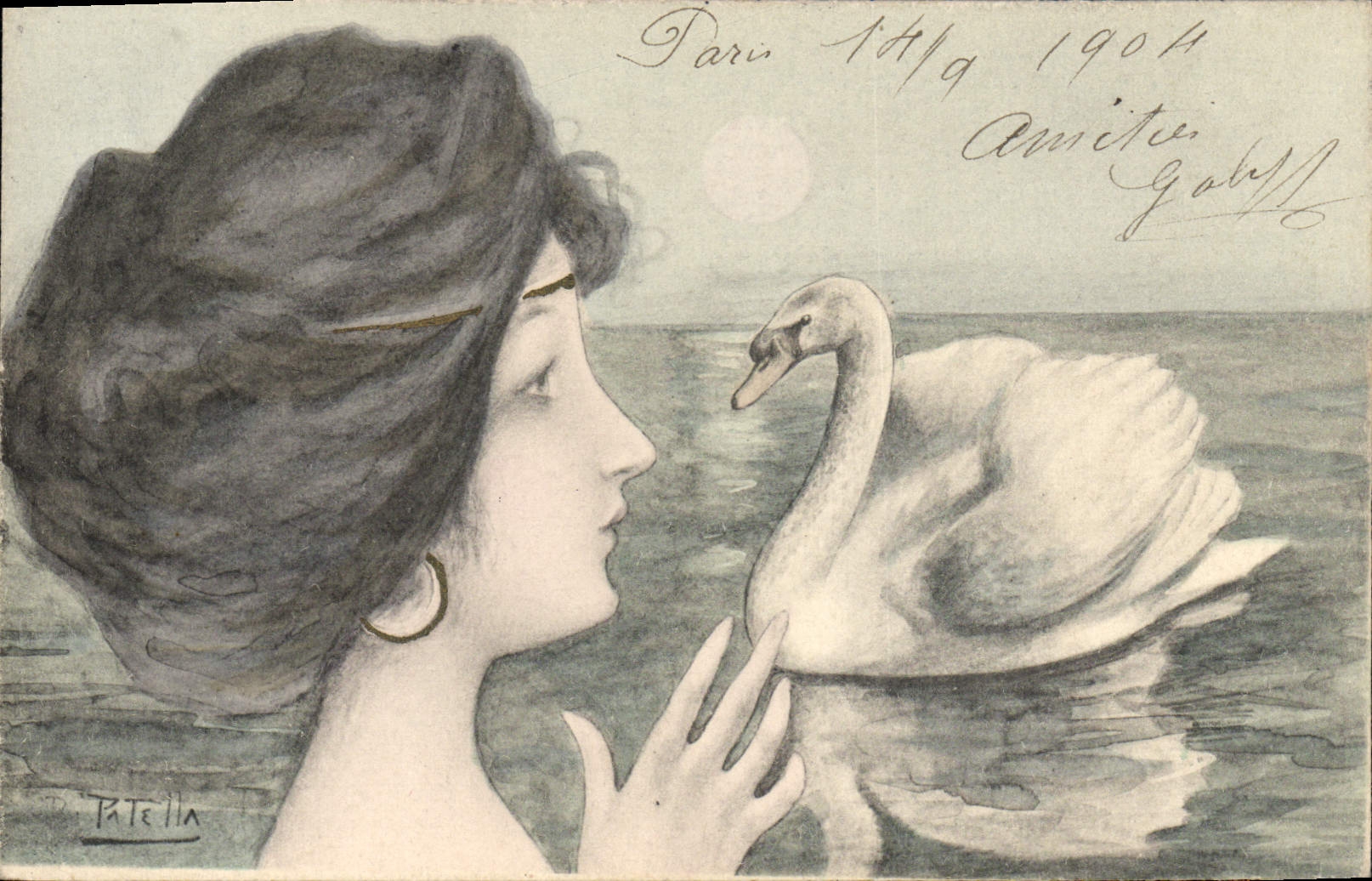 CPA Fantaisie Illustrateur Femme Cygne Patella