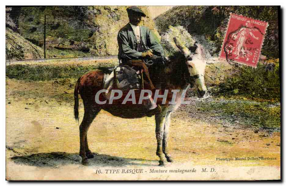 CPA Folklore Type basque Monture montagnarde Ane Mule 
