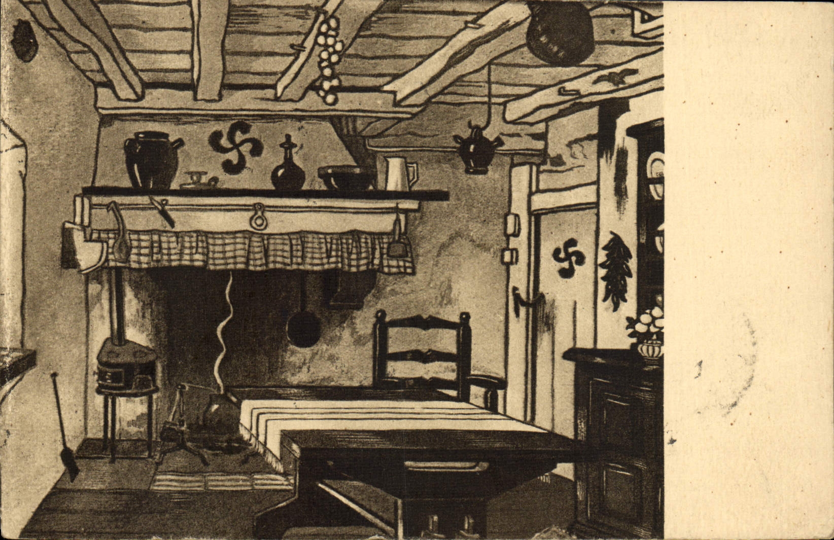 CPA Folklore Pays basque La maison basque Interieur Cuisine Jacques Le Tanneur