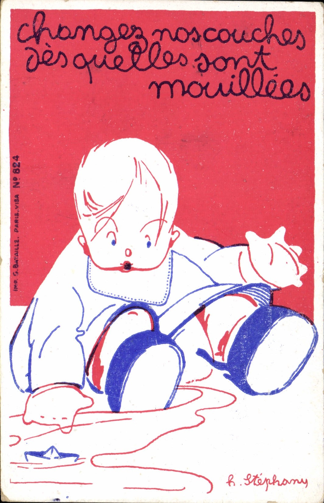 Enfant jouant dans l'eau — changement de couches — Imp. G. Bataille, Paris, N° 824