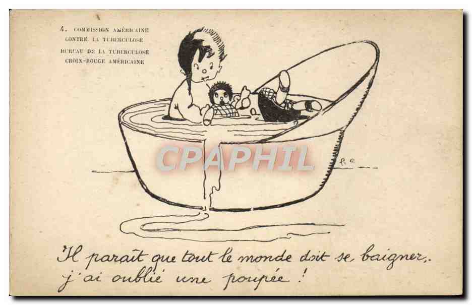 Enfant et poupée dans une barque — Commission américaine contre la tuberculose — Bureau de la tuberculose Croix-Rouge américaine