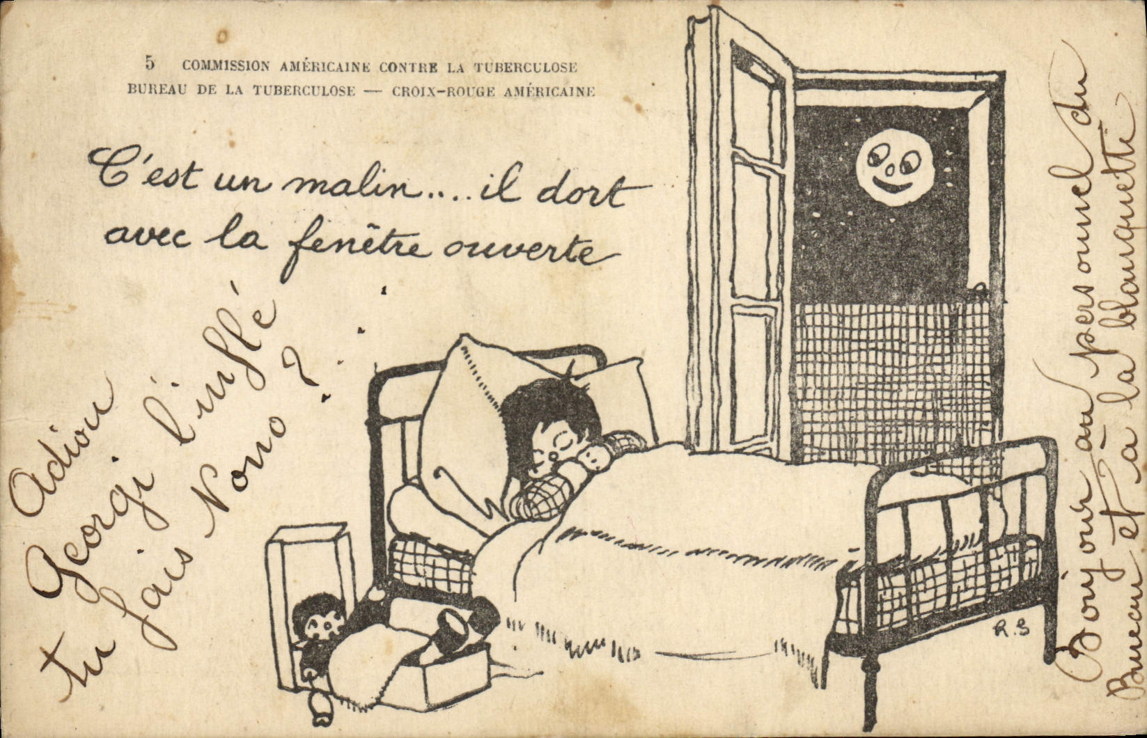 Enfant malade dormant avec la fenêtre ouverte — Commission Américaine contre la Tuberculose — Bureau de la Tuberculose — Croix-Rouge Américaine