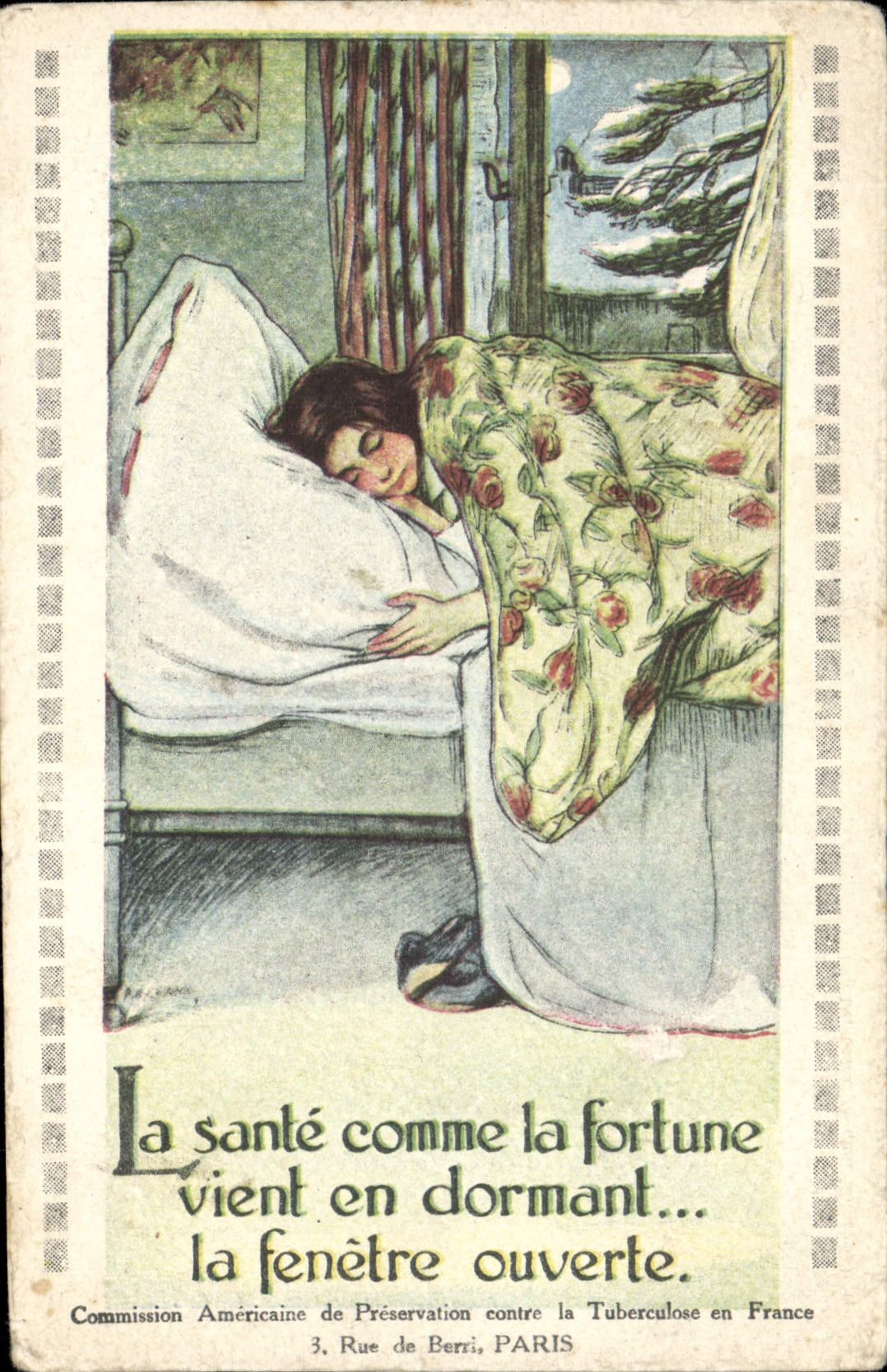 Femme dormant — La santé comme la fortune vient en dormant... — Commission Américaine de Préservation contre la Tuberculose en France, 3, Rue de Berri, PARIS