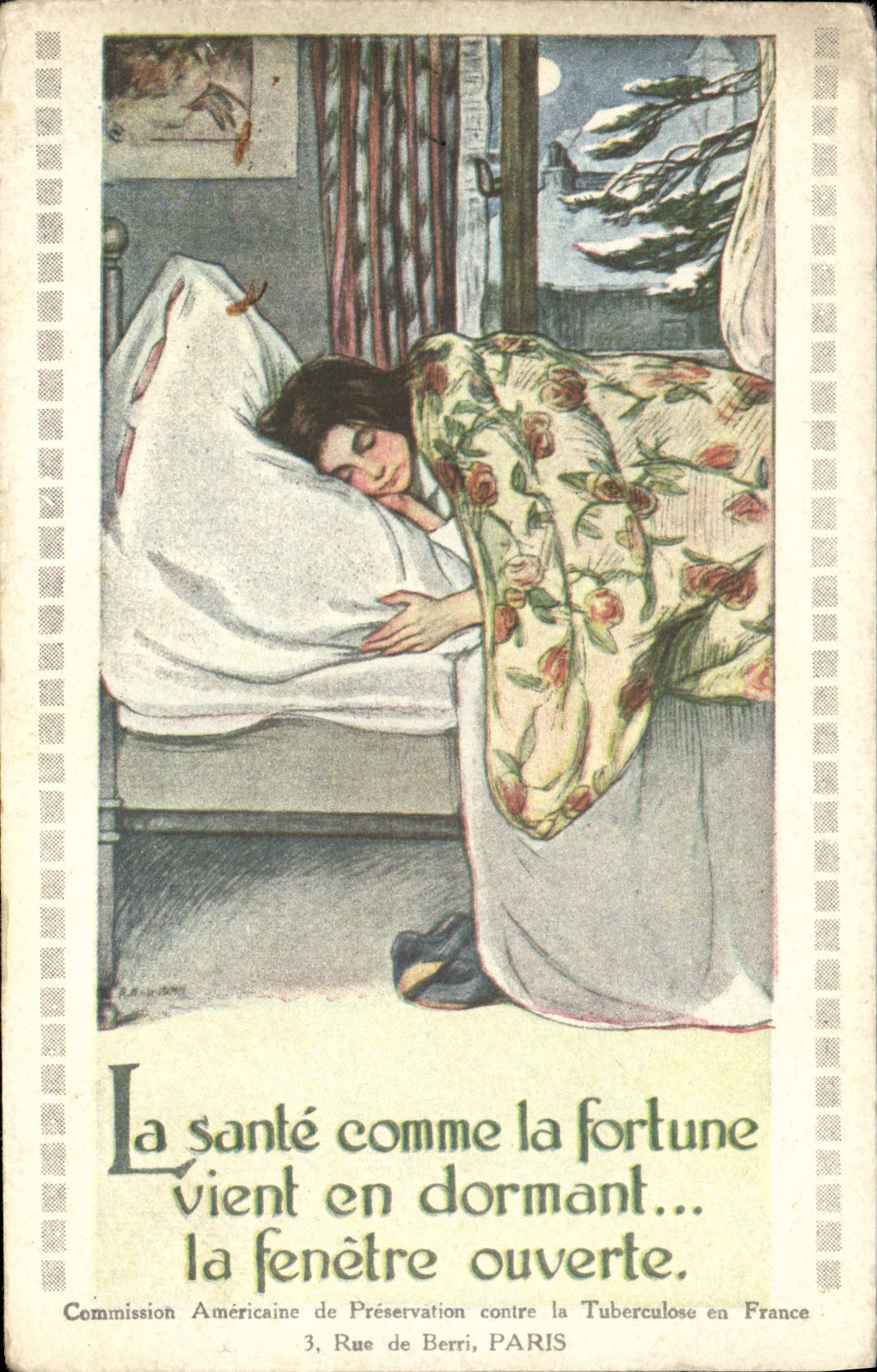 Femme dormant — La santé comme la fortune — Commission Américaine de Préservation contre la Tuberculose en France, 3, Rue de Berri, PARIS