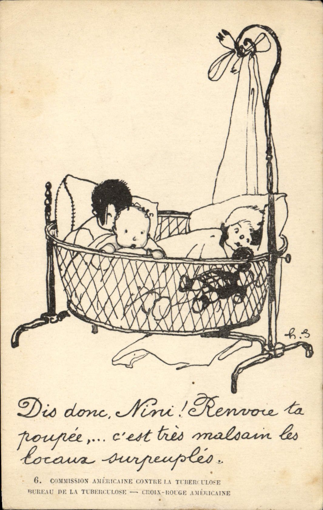Enfant dans un berceau — illustration pour la Commission Américaine contre la Tuberculose — éditeur : Bureau de la Tuberculose — Croix-Rouge Américaine, n°6