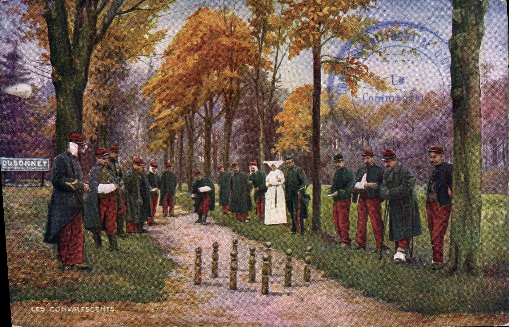 Les Convalescents — Soldats en tenue militaire jouant au jeu de quilles dans un parc d'automne — éditeur Dubonnet, n° de série non visible