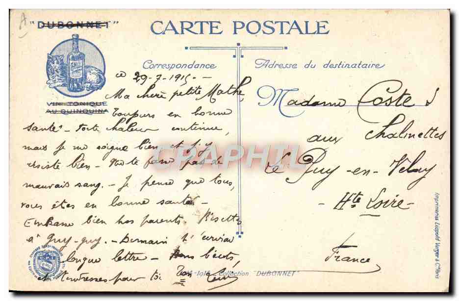 Les Convalescents — Soldats en tenue militaire jouant au jeu de quilles dans un parc d'automne — éditeur Dubonnet, n° de série non visible — Reverso