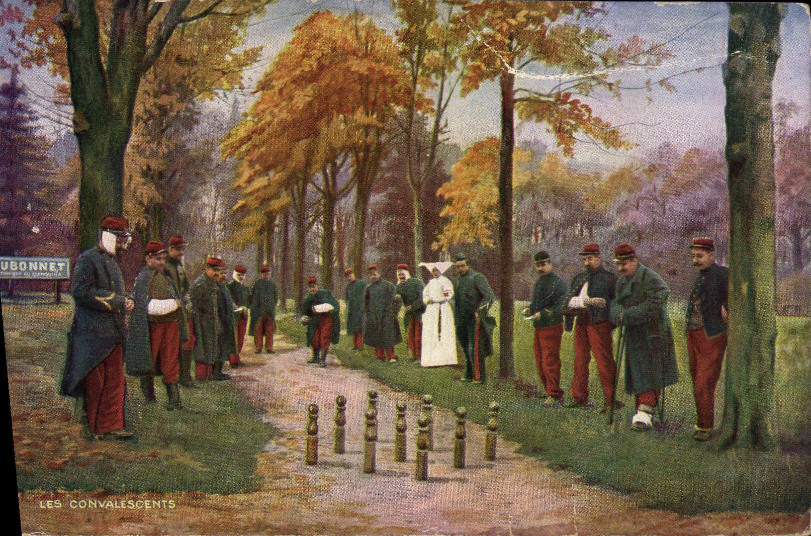 Les Convalescents — Sujet : soldats en rééducation en forêt d'automne — Éditeur : DUBONNET, n° II